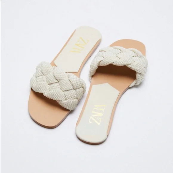 Zara Flat Sandals Pearl Shoes Zara ZARA PEARL BRAIDED SANDAL SLIDES